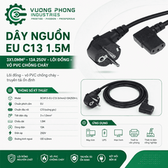 DÂY NGUỒN CHỐNG CHÁY EU C13 1.5M – 3X1.0MM² – 13A 250V – LÕI ĐỒNG – VỎ PVC