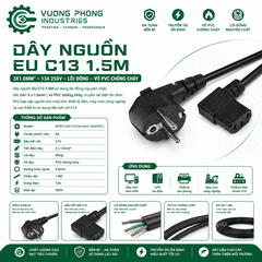 DÂY NGUỒN CHỐNG CHÁY EU C13 1.5M – 3X1.0MM² – 13A 250V – LÕI ĐỒNG – VỎ PVC