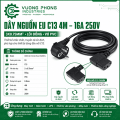 DÂY NGUỒN CHỐNG CHÁY EU C13 4M – 3X0.75MM² – 16A 250V – LÕI ĐỒNG – VỎ PVC