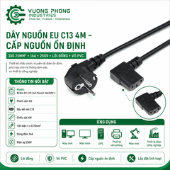 DÂY NGUỒN CHỐNG CHÁY EU C13 4M – 3X0.75MM² – 16A 250V – LÕI ĐỒNG – VỎ PVC