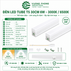 ĐÈN LED TUBE T5 30CM 6W – 3000K / 6500K – TIẾT KIỆM ĐIỆN, ÁNH SÁNG ỔN ĐỊNH
