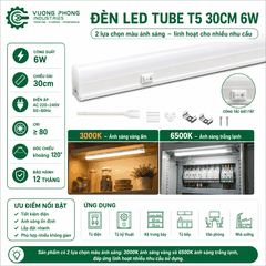 ĐÈN LED TUBE T5 30CM 6W – 3000K / 6500K – TIẾT KIỆM ĐIỆN, ÁNH SÁNG ỔN ĐỊNH