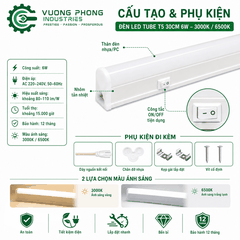 ĐÈN LED TUBE T5 30CM 6W – 3000K / 6500K – TIẾT KIỆM ĐIỆN, ÁNH SÁNG ỔN ĐỊNH