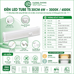 ĐÈN LED TUBE T5 30CM 6W – 3000K / 6500K – TIẾT KIỆM ĐIỆN, ÁNH SÁNG ỔN ĐỊNH