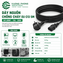 DÂY NGUỒN CHỐNG CHÁY EU C13 5M – 3X1.0MM² – 13A 250V – LÕI ĐỒNG – VỎ PVC