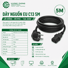 DÂY NGUỒN CHỐNG CHÁY EU C13 5M – 3X1.0MM² – 13A 250V – LÕI ĐỒNG – VỎ PVC