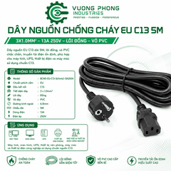 DÂY NGUỒN CHỐNG CHÁY EU C13 5M – 3X1.0MM² – 13A 250V – LÕI ĐỒNG – VỎ PVC