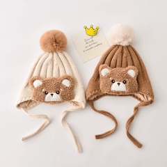 MIM Mũ len quả bông buộc dây đính Gấu xù(6-24M)