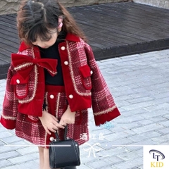 MT Set dạ Tweed đỏ cúc ngọc cổ nơ(90-130)