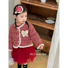 MT Set áo dạ Tweed đính nơ kèm váy đỏ(90-130)