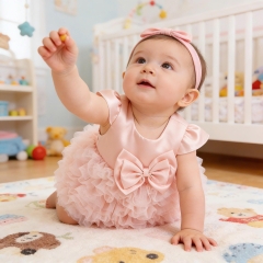 JS - Váy voan xếp ly tầng bồng đính nơ to tay tiên (59-80)