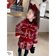 MT Set dạ Tweed đỏ cúc ngọc cổ nơ(90-130)