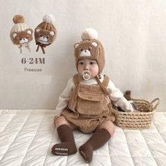 MIM Mũ len quả bông buộc dây đính Gấu xù(6-24M)
