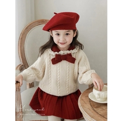 MT Set áo len cổ bèo nơ+chân váy đỏ(5-13)
