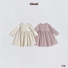 OBEBI - Váy thu đông họa tiết kẻ ngang đáng yêu OBEBI (73-120)