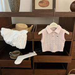 TL - Set polo hồng sát nách mix chân váy bí kèm tất lưới (80-130)
