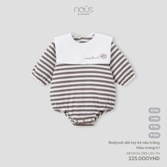 NOUS - Bodysuit dài tay kẻ nâu trắng thêu trang trí( 0-9M)