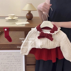 MT Set áo len cổ bèo nơ+chân váy đỏ(5-13)