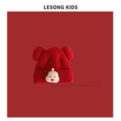LB - Mũ len đỏ tai gấu đính tuần lộc gấu