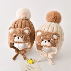 MIM Mũ len quả bông buộc dây đính Gấu xù(6-24M)