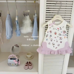 TL- Váy sát nách hoạ tiết Hello Kitty viền bèo tím (80-130)