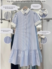 JM - Váy bầu kẻ xanh nhí cổ gắn hoa(M,L)