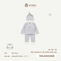 EMBES - Bộ newborn cài chéo kèm mũ phối viền be NB