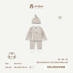 EMBES - Bộ newborn cài chéo kèm mũ phối viền be NB