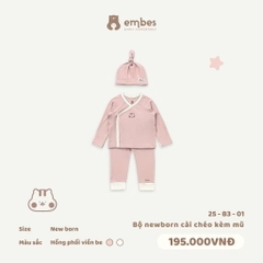EMBES - Bộ newborn cài chéo kèm mũ phối viền be NB