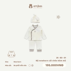 EMBES - Bộ newborn cài chéo kèm mũ phối viền be NB