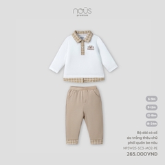 NOUS - Bộ dài có cổ áo trắng thêu chữ phối quần be nâu(6-24M)