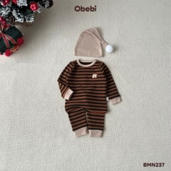OBEBI - Bộ mặc nhà kẻ ngang kèm mũ(66-110)
