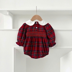 JS - Body đỏ kẻ xanh ngực Smocking cổ sen trắng(66-80)