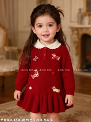 LB - Váy len đỏ đính cún nơ cổ sen(5-13)