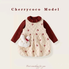 LB - Set áo len đỏ+váy 3 lỗ chần bộng be nơ+túi thỏ(90-140)