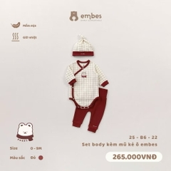 EMBES - Set body kèm mũ kẻ ô Embes(0-9M)