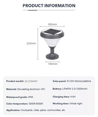 Đèn Gắn Trụ Cổng Tường Rào Ngoài Trời sử dụng Năng Lượng Mặt Trời chiếu sáng Zalaa ZG-ZTD9007