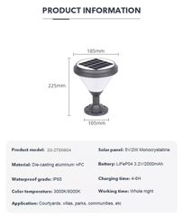 Đèn Gắn Trụ Cột Hàng Rào Ngoài Trời sử dụng Năng Lượng Mặt Trời chiếu sáng Zalaa ZG-ZTD0804