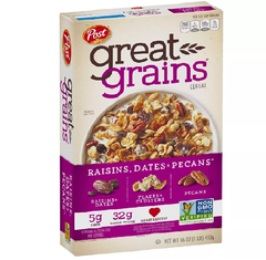 Ngũ Cốc Ăn Sáng Với Nho Khô, Chà Là & Hạt Hồ Đào Post Great Grains Raisins, Dates & Pecans Breakfast Cereal, Hộp 453g (1 Lb.) 16 Oz.