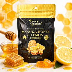 Viên Ngậm Mật Ong Chanh Premium Australian Manuka Honey & Lemon Lozenges Pure Origins, Gói 16 Viên (Gói 80g)
