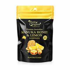 Viên Ngậm Mật Ong Chanh Premium Australian Manuka Honey & Lemon Lozenges Pure Origins, Gói 16 Viên (Gói 80g)