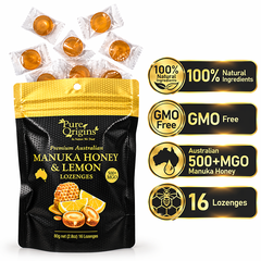 Viên Ngậm Mật Ong Chanh Premium Australian Manuka Honey & Lemon Lozenges Pure Origins, Gói 16 Viên (Gói 80g)