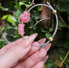 Vòng tay đá thạch anh hồng mặt Hồ ly đào hoa mix ngũ điếu