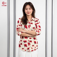 25041 - Áo Sơ Mi Tay Lỡ Hoa Nghệ Thuật Nền Lưới Dập Gân