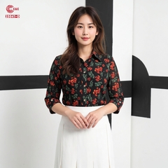 25041 - Áo Sơ Mi Tay Lỡ Hoa Nghệ Thuật Nền Lưới Dập Gân