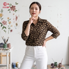 25050 - Áo Sơ Mi Lưới 2 Lớp Dập Gân In Họa Tiết Hoa Nghệ Thuật