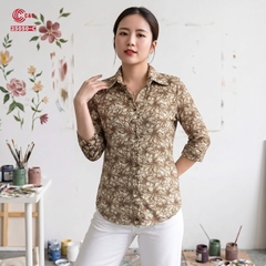 25050 - Áo Sơ Mi Lưới 2 Lớp Dập Gân In Họa Tiết Hoa Nghệ Thuật