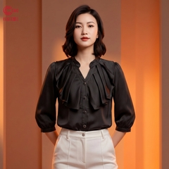 25105 - Áo Sơ Mi Lụa Cổ Trụ Chữ V Bèo Nhún Phối 5 Nút Kiểu