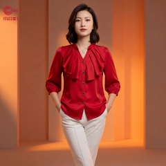 25105 - Áo Sơ Mi Lụa Cổ Trụ Chữ V Bèo Nhún Phối 5 Nút Kiểu