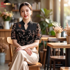 25131 - Sơ Mi Tay Ngắn Cổ Trụ Thêu Nổi 3D